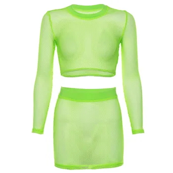 OMSJ Sommeren Se-gennem Hule Tøj Neon Grøn Sexet Mesh langærmet Afgrøde Top+ Mini Nederdel 2 Stykke Klub Tøj til Kvinder