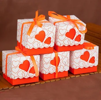 Orange Double Heart Wedding Favor Box gaveæske candy box bryllup kasse med Bånd Gratis Fragt 3403