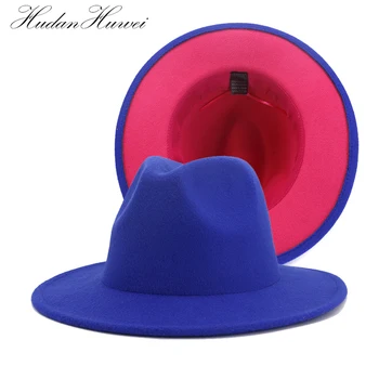 Patchwork Royal Blå Rosenrødt Matchende Uldne Følte Fedora Hat Nationale Stil, Mænd, Kvinder, Par,' Cap Jazz Fladskærms Randen Hat 3