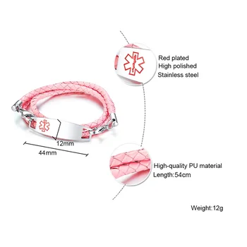 Pink Læder Medicinsk Alarm-ID-Armbånd til Børn, Gratis Gravering af Navn Sygdom IS Info Tag Triple Wrap Armbånd 1