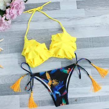 Pjusket Flæse Halterneck Flower Bikini Sæt Brasilien Kvast Badetøj Retro Trykt Badetøj Lav Talje Binde Badetøj 2018