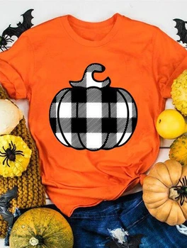 Plaid Græskar Print T-shirt til Kvinder Halloween Toppe Tee 2020 Kvinder kortærmet Orange Toppe Casual Kvinde Halloween Tøj 185