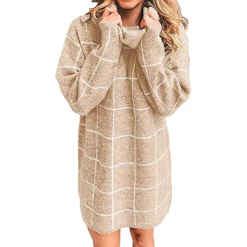 Plaid Jersey Kjole Nye Efterår og Vinter Casual Trøje med Rullekrave Revers Skakternet Sweater Mode strikket damer kjole 15168
