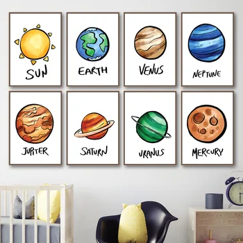 Planet Earth, Venus, Solen, Merkur, Jupiter, Neptun Væg Kunst, Lærred Maleri Nordiske Plakater Og Prints Væg Billeder Kids Room Decor 4