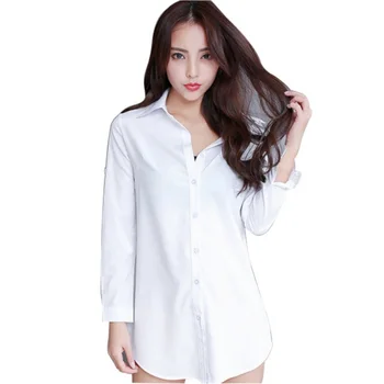 Plus Størrelse 5xl Hvid Shirt ensfarvet Bluse Kvinder, Forår, Sommer Mode 3/4 Ærme Elegant Kontor Dame-Knappen Lange Skjorter 2