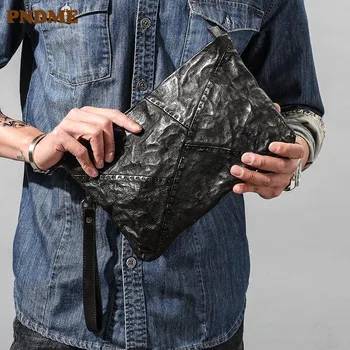 PNDME mode ægte læder syning mænds kobling taske retro design naturlige ægte koskind stor kapacitet teens kuvert taske 2