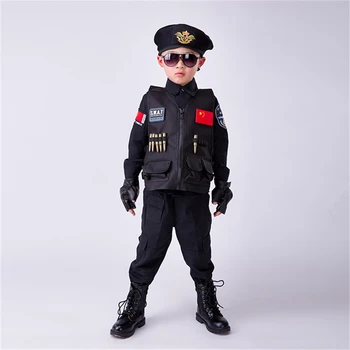 Politifolk Kostumer Drenge Særlige Politi Uniform Children ' s Day Gave Hær Lange Ærmer Frakke+Bukser+Bælte+Handsker+Hat Cosplay Tøj 4