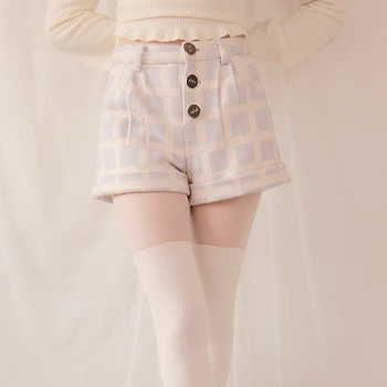 Prinsesse søde lolita shortsBoBON21 eksklusive oprindelige dato retro store knapper alle-match Uld Plaid Shorts B1165z 4