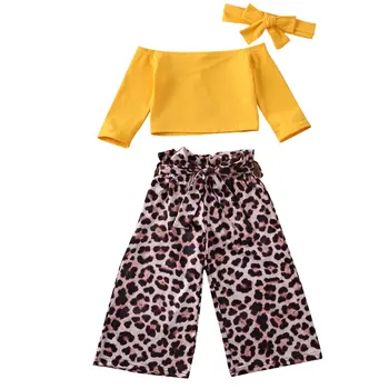 Pudcoco Toddler Baby Pige Tøj Solid Farve Off Skulder Crop Tops Leopard Print Lange Bukser Hovedbøjle 3stk Tøj Tøj 1