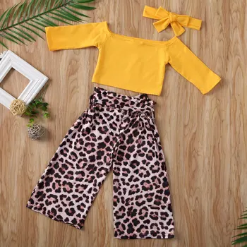 Pudcoco Toddler Baby Pige Tøj Solid Farve Off Skulder Crop Tops Leopard Print Lange Bukser Hovedbøjle 3stk Tøj Tøj 4
