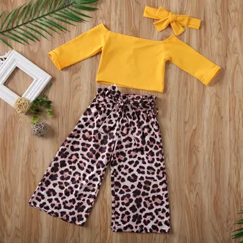 Pudcoco Toddler Baby Pige Tøj Solid Farve Off Skulder Crop Tops Leopard Print Lange Bukser Hovedbøjle 3stk Tøj Tøj 5
