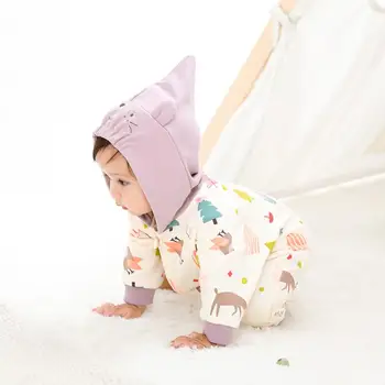 Pureborn Nyfødte Baby Jumpsuit Tegnefilm Hætteklædte Baby Tøj Foråret Efteråret Bomuld langærmet Baby Sparkedragt Zip-up Farverige 1