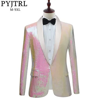 PYJTRL Nye Mænd Pure White Pink Pailletter Sjal Revers Blazere Herre, Prom Kjole, der Passer Jakke Night Club Sangere Slim Fit Kostume 3