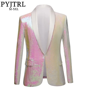 PYJTRL Nye Mænd Pure White Pink Pailletter Sjal Revers Blazere Herre, Prom Kjole, der Passer Jakke Night Club Sangere Slim Fit Kostume 4
