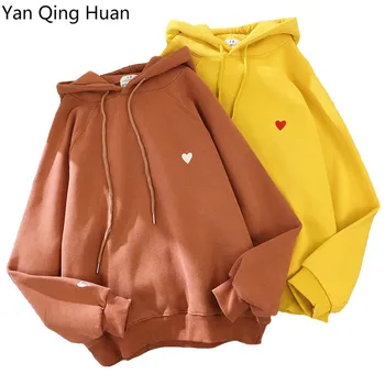 Qing Yan Huan 2020 Nye Vinter Varm Kvinders Hoodie Broderet Kærlighed Harajuku Sweatshirt med Lange Ærmer Løs Fleece Sportstøj 2