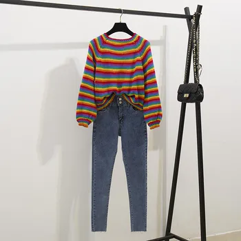 Rainbow Stribet Sweater Kvindelige Efteråret Koreansk Mode Kvinder 2 Stk Sæt Løs Frakke Stramme Elastiske Høj Talje Jeans To-Stykke Tøj 13738