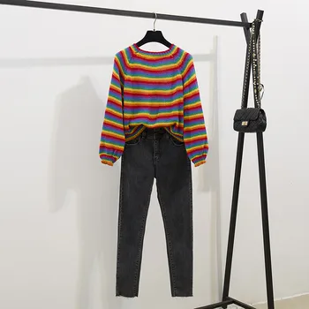 Rainbow Stribet Sweater Kvindelige Efteråret Koreansk Mode Kvinder 2 Stk Sæt Løs Frakke Stramme Elastiske Høj Talje Jeans To-Stykke Tøj 2