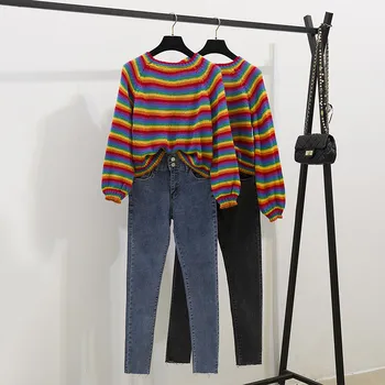 Rainbow Stribet Sweater Kvindelige Efteråret Koreansk Mode Kvinder 2 Stk Sæt Løs Frakke Stramme Elastiske Høj Talje Jeans To-Stykke Tøj 3