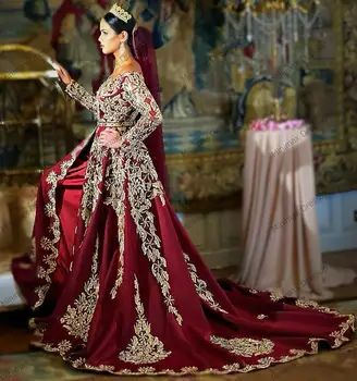 Red Muslimske Brude Kjoler En Hals Lange Ærmer Brudekjoler Med Tog Guld Pynt Luksus Dubai Bryllup Operationskitler 0