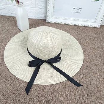 Rejser om sommeren stranden hatte vilde ride strå hat stor sløjfeknude bånd halm cap damer UV-beskyttelse søn caps 0