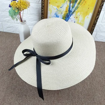 Rejser om sommeren stranden hatte vilde ride strå hat stor sløjfeknude bånd halm cap damer UV-beskyttelse søn caps 5