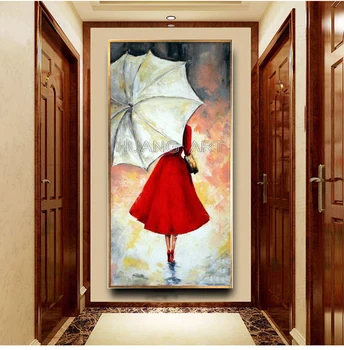 Ren Hånd-malet af den smukke Pige i Rød Nederdel Holder Paraply Olie Maleri på Lærred til Indretning Regnfuld Dag Landskab Figur Maleri 1083