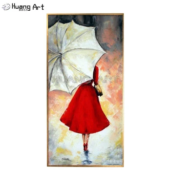 Ren Hånd-malet af den smukke Pige i Rød Nederdel Holder Paraply Olie Maleri på Lærred til Indretning Regnfuld Dag Landskab Figur Maleri 2
