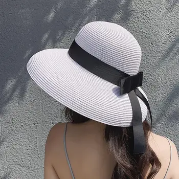 Retro Hepburns sorte strå sun hat til kvinder solbeskyttelse ferie seaside beach hat kvindelige sommeren store tagudhæng Visir caps 0