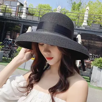 Retro Hepburns sorte strå sun hat til kvinder solbeskyttelse ferie seaside beach hat kvindelige sommeren store tagudhæng Visir caps 4
