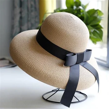 Retro Hepburns sorte strå sun hat til kvinder solbeskyttelse ferie seaside beach hat kvindelige sommeren store tagudhæng Visir caps 5