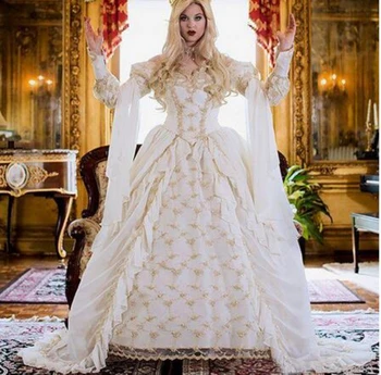 Retro Middelalderlige Victoriansk Gotisk Bolden Kjole brudekjoler, Vintage Lange Ærmer Guld Blonde Pynt Lace-up Corset Maskerade Kjole 3
