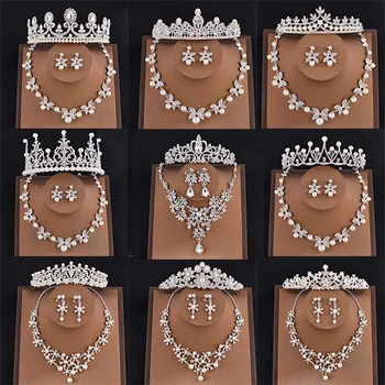 Rhinestone Bryllup Brude Hår Smykke Sæt Brud Tiara Halskæde Sæt Brudepige Pearl Pandebånd Crystal Crown Tiaras Hovedbøjle 1 1