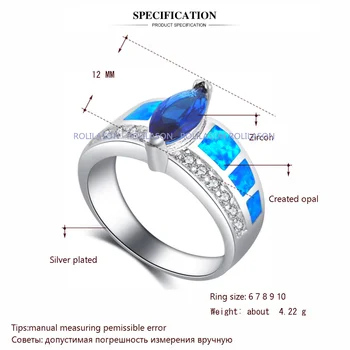ROLILASON Perfekte Gave til Kæreste Blå Ild Opal Silver Blue Zircon Mode Smykker Ringe USA Størrelsen #6#7#8#9#10 OR876 4
