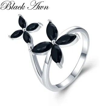 Romantiske Blomst 2,9 g 925 Sterling Sølv Fine Smykker Blomst Engagement Sort Spinel Engagement Ring for Kvinder G032