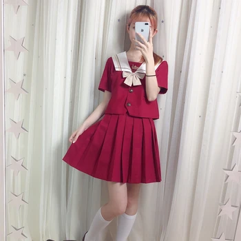 Rød Japansk Skole Uniform For Girls Sweet Lolita Sømand Koreanske Uniformer Cosplay Langærmet Skjorte Plisseret Nederdel Studerende Sæt 0