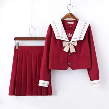 Rød Japansk Skole Uniform For Girls Sweet Lolita Sømand Koreanske Uniformer Cosplay Langærmet Skjorte Plisseret Nederdel Studerende Sæt 1