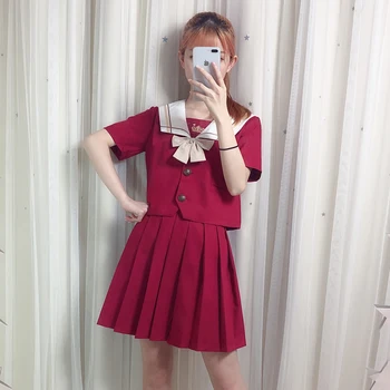 Rød Japansk Skole Uniform For Girls Sweet Lolita Sømand Koreanske Uniformer Cosplay Langærmet Skjorte Plisseret Nederdel Studerende Sæt 5