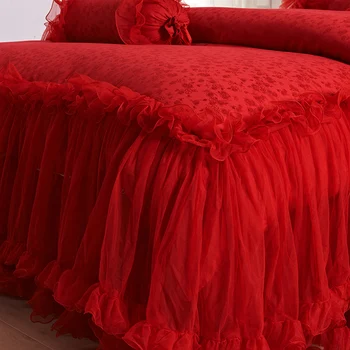 Rød Pink Luksus-Lace Wedding Strøelse sæt King-værelse med Queensize-Seng Sengetæppe bed nederdel sæt Dekoration Duvet cover sæt sengetøj