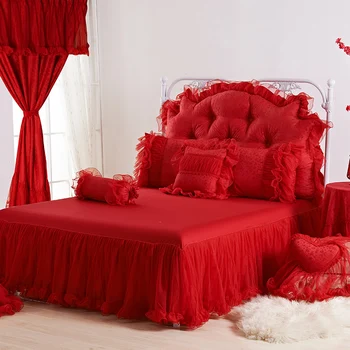 Rød Pink Luksus-Lace Wedding Strøelse sæt King-værelse med Queensize-Seng Sengetæppe bed nederdel sæt Dekoration Duvet cover sæt sengetøj 3