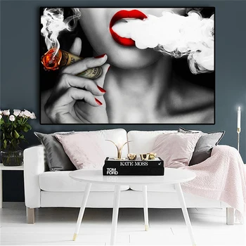 Røde Læbe Penge Sexede Kvinder Olie Maleri på Lærred Plakater Udskriver Affiche Cuadros Væggen Pop Art Billede til stuen Home Decor 0