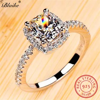 S925 Sterling Sølv Ringe For Kvinder Bryllup Bands Square Crystal Sten Løfte Engagement Ring Hvid Blå Safir Ring Smykker 5