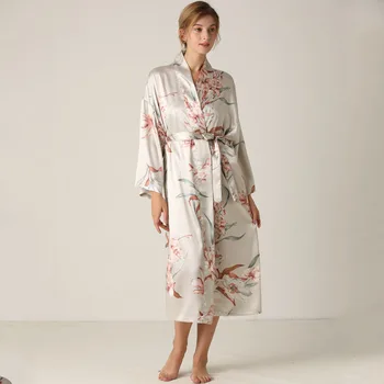 Satin Print Blomst 3STK Nattøj Sexet Kimono Kjole Kvinder Nighty&Robe Passer Morgenkåbe Intime Lingeri Silke Nattøj Natkjole 3