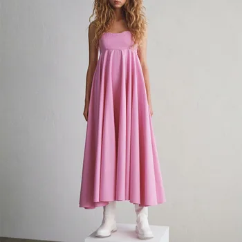 Sexet Kvinder ærmeløs Maxi Kjole Pink 2020 Sommer Mode Plisserede Spaghetti Strop kjoler Høj talje Vestidos Stranden INKEO 9D156 1
