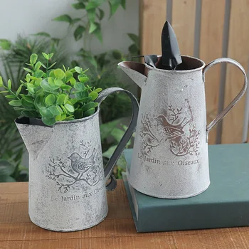 Shabby Fugl Print Øko-Venligt Let At Opbevare Vintage Desktop Gamle Hjem Indretning Vanding Pot Form Håndværk Galvaniseret Jern Vase 5