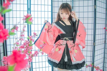 Shanghai Historie Bomuld Blomst Udskrivning Blonde Kant Yukata Kimonoer Stuepige Kjole Animationsfilm Lolita Sæt Meidofuku Uniform Outfit 0