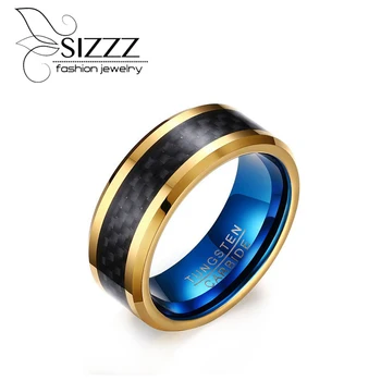 SIZZZ Mænds 8 mm wolfram stål ringe carbon fiber ring guld blå farve Europæisk stil smykker til mænd engros 1