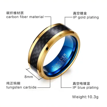 SIZZZ Mænds 8 mm wolfram stål ringe carbon fiber ring guld blå farve Europæisk stil smykker til mænd engros 5
