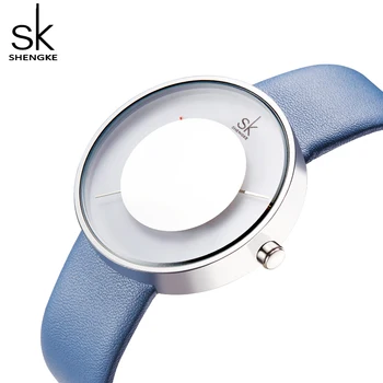 SK Nye Kreative Bærbare Spejl Skive Glas Kvinder, Se Blå Læderet Remmen Mærke Mode Kvarts Reloj Mujer Ure Feminine 3