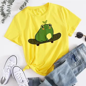 Skateboard Frog Mode langærmet T-shirt koreanske Enkel Overdimensionerede Grafiske Tees Kvinder Shirts Fritid Plaid Patchwork T-Shirt 1