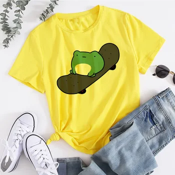 Skateboard Frog Mode langærmet T-shirt koreanske Enkel Overdimensionerede Grafiske Tees Kvinder Shirts Fritid Plaid Patchwork T-Shirt 2